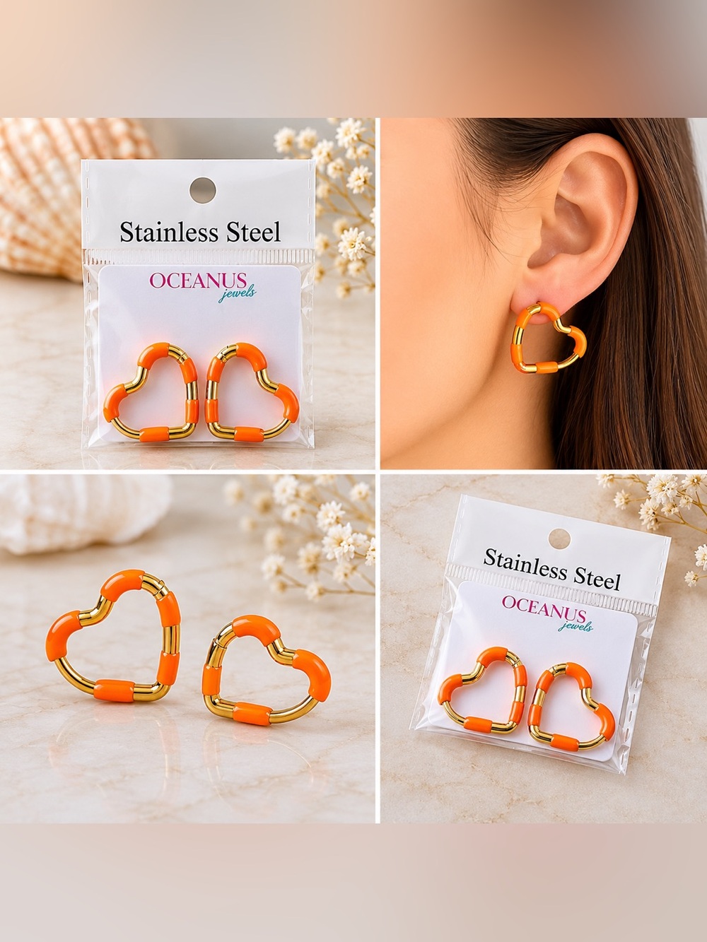 Oceanus Neon Orange Heart Hoop Earrings 🧡